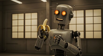 Fototapeta premium The robot is eating a banana