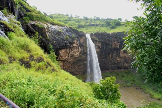 scenic view of "vale ganga" waterfall, seen from the opening of cave 29 or "dhumar lena" at ellora caves, maharashtra, india 
