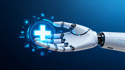 Robotic hand holding a glowing medical cross with digital health icons in a futuristic interface