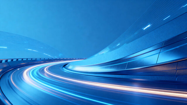 Abstract futuristic highway with glowing light trails and curved blue tunnel