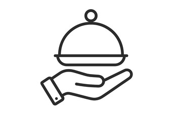 Hand holding food tray cloche icon. Catering service, restaurant waiter serving a dish concept. Food delivery, gourmet meal order. Vector outline symbol for apps and web.