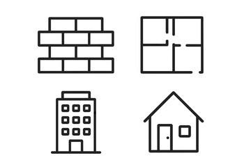 Building and construction line icon set. Real estate and architecture symbols. House, home, office building, floor plan, and brick wall vector icons for web and graphic design.