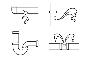 Broken pipe line icon set. Leaking water tube, pipeline damage, and burst pipe. Plumbing problem, leakage, and dripping concept. Vector illustration of a water system failure.