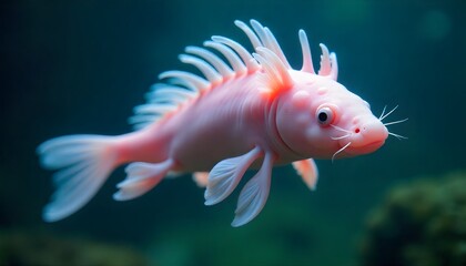 Obraz premium An albino catfish or bizarre aquatic creature with translucent pink fins and skin, swimming in a dark aquatic environment.