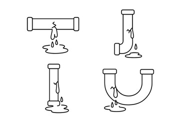 Broken pipes icon set. Leaking water from pipeline. Simple thin line art vector illustration. Plumbing problem, burst pipe, water damage and leakage concepts. Dripping water.