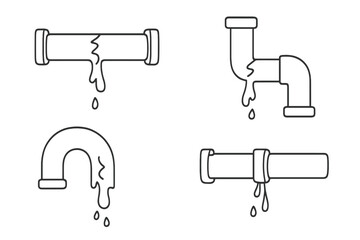 Broken pipe line icon set. Leaking water pipe simple vector illustration. Plumbing problem, leakage, and water damage concept. Dripping pipeline cartoon graphic element.