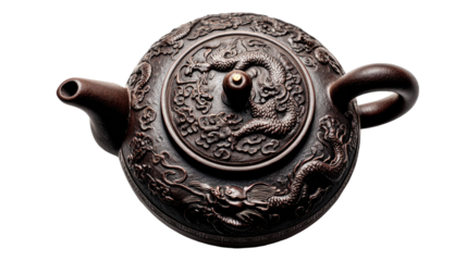 Ornate dark tea pot with dragon carvings