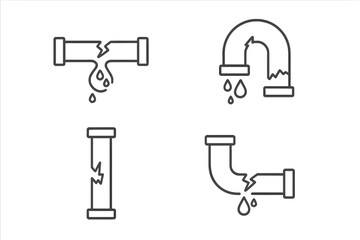 Broken pipe icon set. Water leak and burst pipeline symbol. Plumbing problem, damage, and repair concept. Dripping water drops from cracked tube. Vector line art illustration.