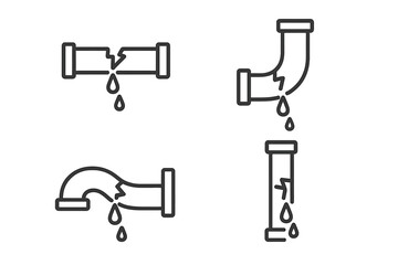 Broken pipe icon set. Water leak, dripping liquid symbol. Plumbing problem, pipeline damage, burst pipe concept. Thin line art vector illustration for house repair service.