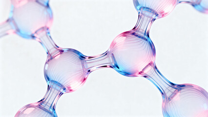 Close-up of a molecular structure with transparent, interconnected spheres in blue and pink hues