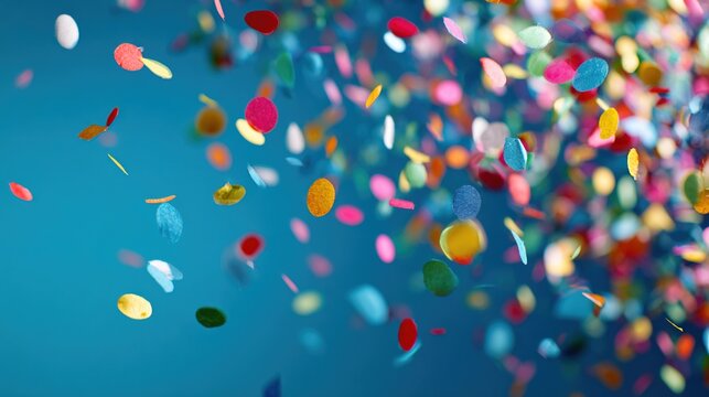 Colorful confetti falling dynamically against a solid blue background, conveying a sense of joyful celebration.