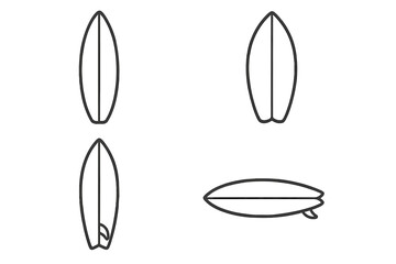 Surfboard line icon set. Collection of various surf board shapes. Vector illustration for summer vacation, beach lifestyle, and water sports. Minimalist outline design.