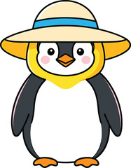 Cartoon penguin wearing a summer hat illustration on transparent background