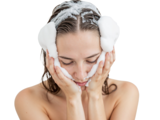 Woman enjoying a relaxing shampoo session in a bright, simple bathroom setting