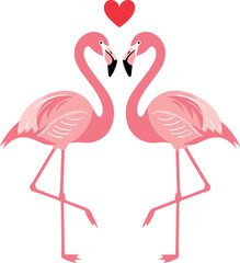 Romantic flamingos in love with heart symbol, standing on one leg, symmetrical pink birds illustration for Valentine, wedding, and greeting design