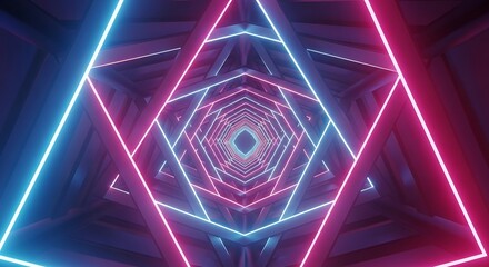 Abstract tunnel with neon lights in blue and pink, creating a futuristic and geometric design.