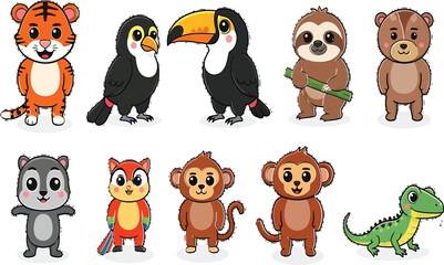 Cartoon animals including tiger and toucans bears on transparent background