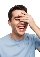 Fototapeta premium A young caucasian man in a light blue t-shirt, mid-laughter with hand covering eyes, expressive smile, isolated on a transparent studio background with copy space. Concept of genuine happiness and