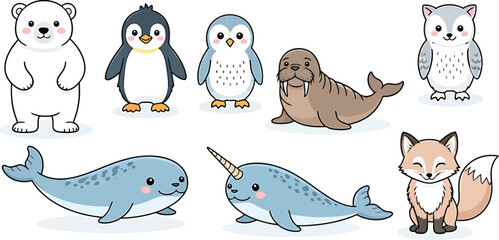 A collection of cute arctic animals illustration on transparent background