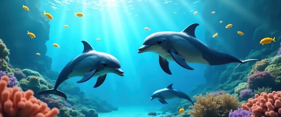A couple of dolphins swimming in the ocean near a coral reef.