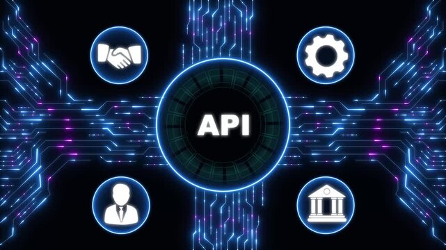 API - Application Programming Interface. Software development tool. Digital Data moving on Circuit Board background.