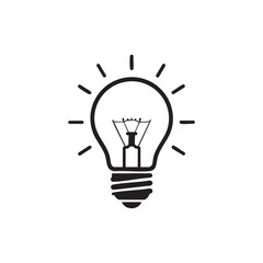 Simple outline of a light bulb with radiating lines silhouette isolated on white background