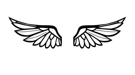 A stylized black and white illustration of a pair of symmetrical bird wings, spread wide.