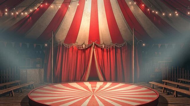 An empty vintage circus tent with red and white stripes, wooden benches, and stage lights