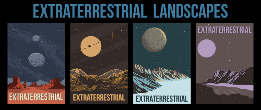 Distant Planets, Stars and Moon, Mountains, Lakes and Craters. Extraterrestrial Landscapes Vector Illustration Set.  Fantastic Worlds Posters 