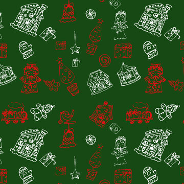 pattern con icone natalizie bianche e rosse su sfondo verde 