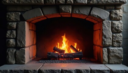 Aged stone fireplace, intense flame illustration, illustration, vintage, architecture