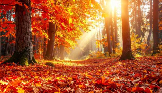 Colorful autumn forest path in the morning sun with yellow and orange leaves
