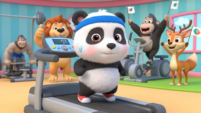 Cute Panda Leads an Energetic Gym Workout with Cartoon Animal Friends in a Fun 3D Animation.