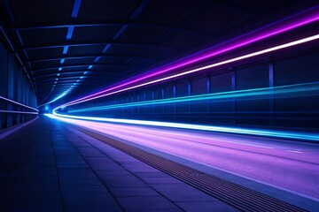 Abstract light trails in a futuristic tunnel with neon purple and blue lights