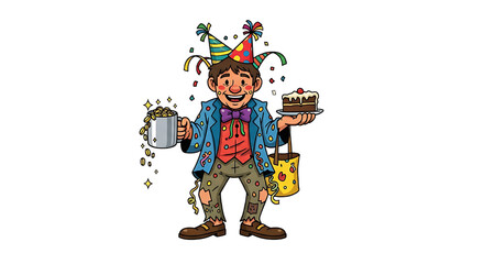 Fototapeta premium Festive cartoon character in a jester's hat celebrating at a party with a slice of cake and a sparkling mug