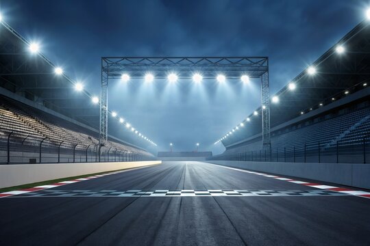 Empty race track at night with bright stadium lights illuminating the finish line