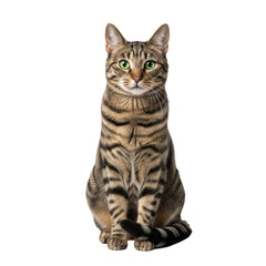 Fototapeta premium Tabby cat, brown-black stripes, emerald-green eyes, sitting on white studio background, high-key light, gazing calmly. Professional pet portrait