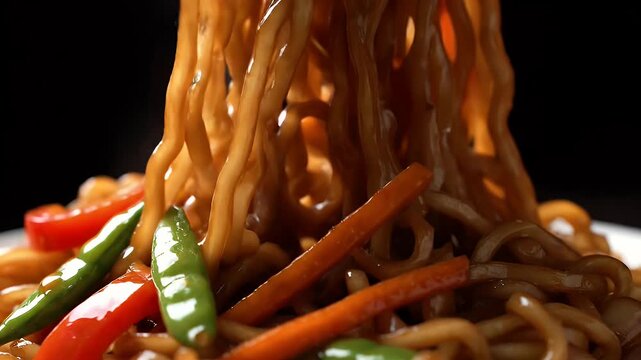A plate of noodles with a spoon and chopsticks. The noodles are covered in sauce and have a variety of vegetables, including peppers and green beans. Concept of enjoyment and indulgence