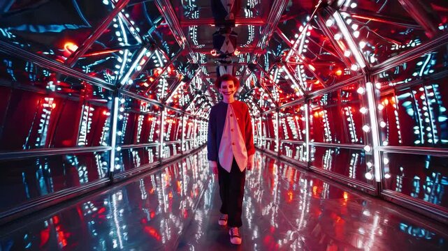 Young clown in vibrant costume stands in mirrored tunnel. Joker face makeup and creepy expression. Circus and horror theme. Scary man in carnival. Clown with lights, makeup and costume