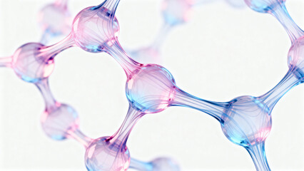 Abstract molecular structure with interconnected spheres in blue and pink hues