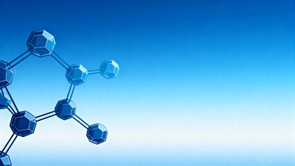 Abstract molecular structure with blue geometric atoms against a gradient sky background