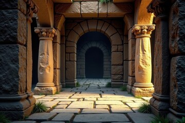 Ancient temple, weathered stone, atmospheric light , brown, stone, prayer