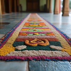 Colorful patterned rug stretches across a tiled floor