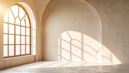 Obraz premium Sunlit Room with Arch Window and Diamond Grid Shadow