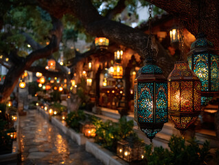 Obraz premium a tranquil outdoor setting with a pathway lined with colorful lanterns hanging from trees, creating a warm and inviting atmosphere.