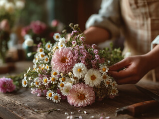 Hands of a Florist woman in an apron make a bouquet in the flower salon Close up.