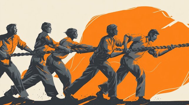 A group of men are pulling a rope, with one man in the middle of the group