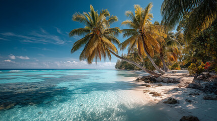 Paradise beach with white sand and coco palms. Summer vacation concept.