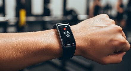 Fitness Tracker on Wrist Monitoring Heart Rate in Gym Setting, Showcasing Wearable Technology for Health Tracking, Exercise Performance, and Personal Fitness Goals