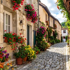 Fototapeta premium Charming European Alleyway with Flowers.